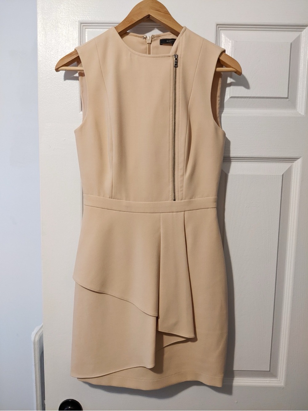 BCBGMAXAZRIA Nude Beige Asymmetrical Peplum Dress